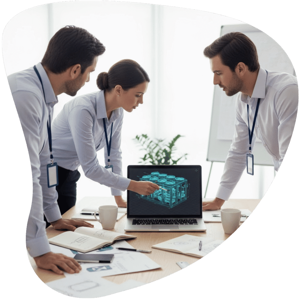 Equipe de engenheiros discutindo projeto